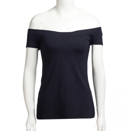 Pure Black Off Shoulder Fitted T-shirt N13052