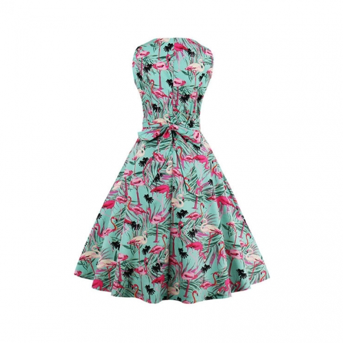 1950's Vintage Pink Flamingo Print Sleeveless Dress N12862
