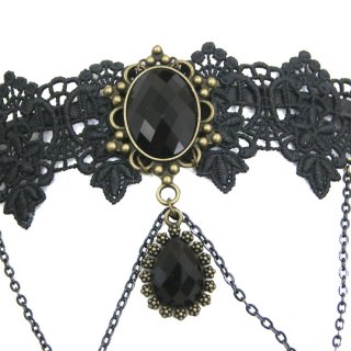 Black Vintage Lace Dark Gems Metal Chain Hair Clasp J12857