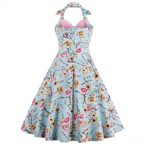 Vintage Sweetheart Floral Print Halter Cocktail Party Dress N12793