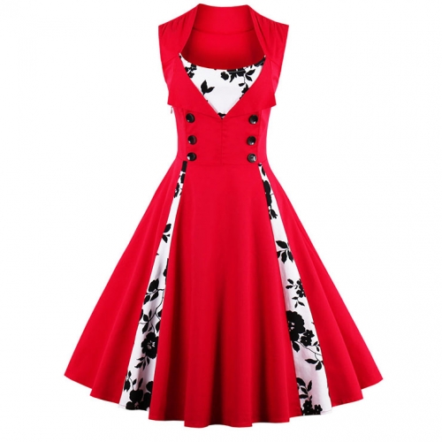 Vintage Rockabilly Floral Print Sleeveless Casual Cocktail Party Valentine's Day Dress N12437