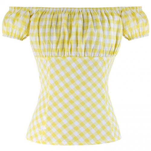 Sexy Yellow Plaid Short Sleeve Off Shoulder T-shirt N12176