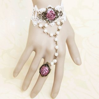 Gothic Lolita Court Retro White Lace Wedding Slave Bracelet with Ring J12111