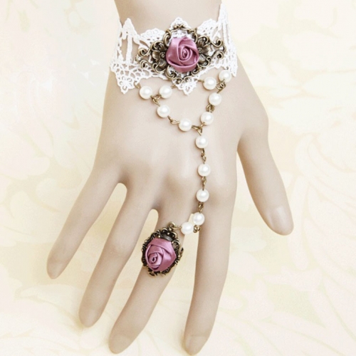 Gothic Lolita Court Retro White Lace Wedding Slave Bracelet with Ring J12111