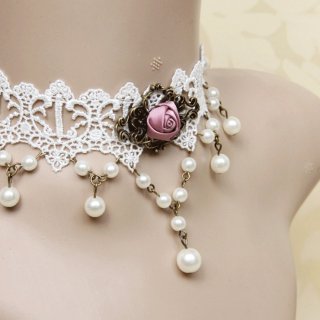 Victorian White Lace Tassel Pearl Wedding Party Princess Choker Necklace J12108