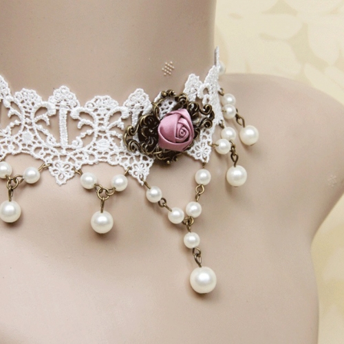 Victorian White Lace Tassel Pearl Wedding Party Princess Choker Necklace J12108