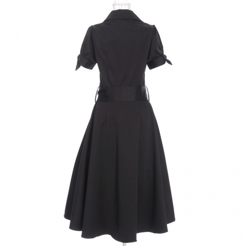 Elegant 1950's Vintage Black Short Sleeves Dress N11929