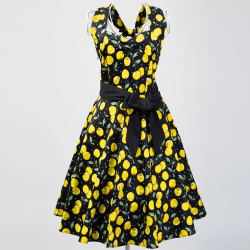 1950's Vintage Halter Cherry Print Casual Swing Dress N11926