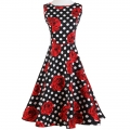 1950's Vintage Retro Polka Dot Rose Floral Print Party Cocktail Tea Dress N11921