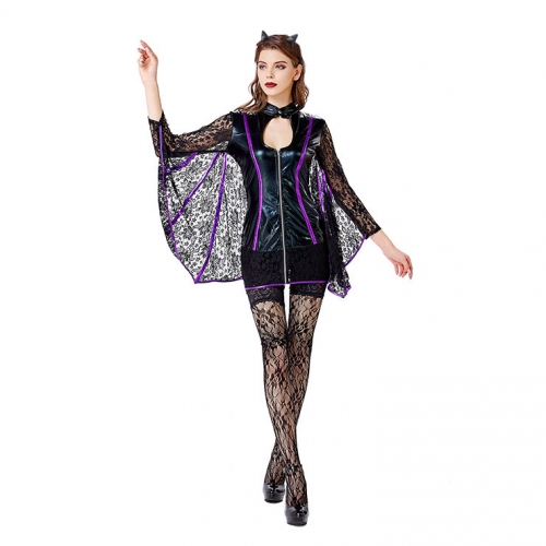 Sexy Moonlight Bat Girl Stretchy Leather Mini Party Dress Adult Cosplay Costume N11788