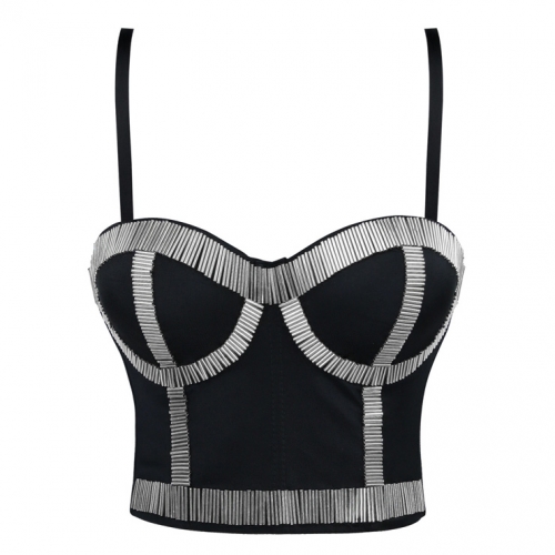 Silver Metal Stick Black Underwire B CUP Bustier Crop Top Bra N11584