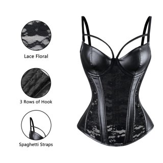 Punk Retro Black Lace Corset Bustier Faux Leather Bra Lingerie N11154