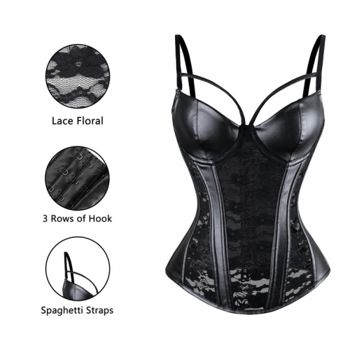 Punk Retro Black Lace Corset Bustier Faux Leather Bra Lingerie N11154