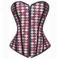Sexy Pink Vintage Front Zipper Plaid Print Strapless Overbust Corset N5382