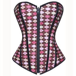 Sexy Pink Vintage Front Zipper Plaid Print Strapless Overbust Corset N5382