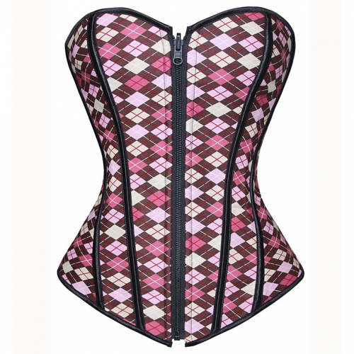 Sexy Pink Vintage Front Zipper Plaid Print Strapless Overbust Corset N5382