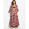 Women's Half Sleeve Stripe Red Leaves Pattern Trench Coat N15814