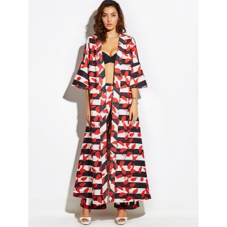 Women's Half Sleeve Stripe Red Leaves Pattern Trench Coat N15814