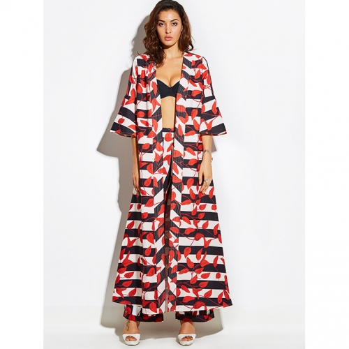 Women's Half Sleeve Stripe Red Leaves Pattern Trench Coat N15814