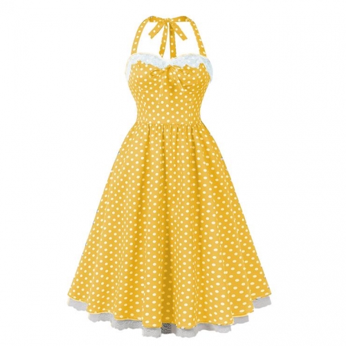 Women Vintage 1950s Retro Polka Dot Swing Dress Sleeveless Backless Halter Neck N23662