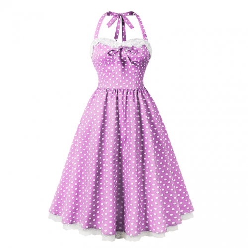 Women Vintage 1950s Retro Polka Dot Swing Dress Sleeveless Backless Halter Neck N23661