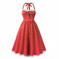 Women Vintage 1950s Retro Polka Dot Swing Dress Sleeveless Backless Halter Neck N23658