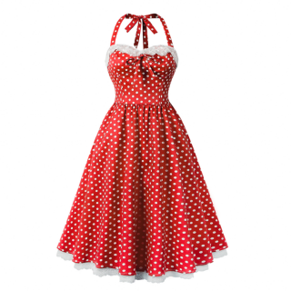 Women Vintage 1950s Retro Polka Dot Swing Dress Sleeveless Backless Halter Neck N23658