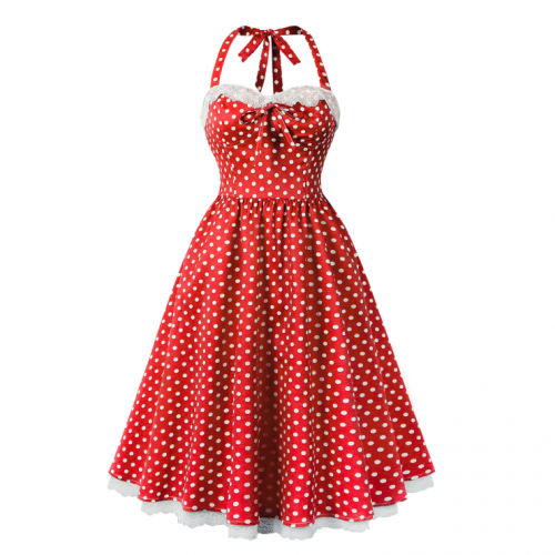 Women Vintage 1950s Retro Polka Dot Swing Dress Sleeveless Backless Halter Neck N23658