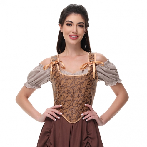 Womens Vintage Asymmetrical Hem Overbust Corset Tie Front Lace-up Back Bustier Shapewear Top N23655