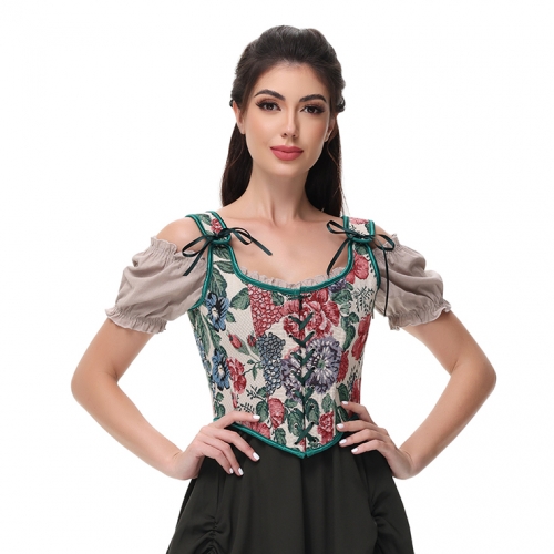 Women Vintage Floral Camisole Flower Embroidery Pattern Tight Vest Drawstring Tie-up Tank Top Suspender Corset N23653