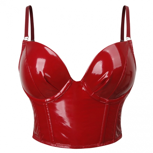 Sexy Punk Faux Leather Spaghetti Straps Bustier Clubwear Crop Top N23648