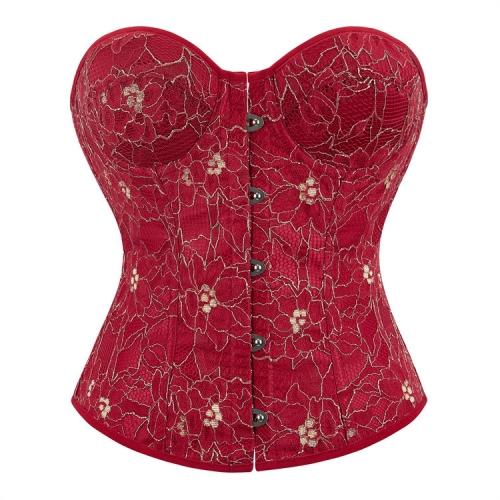 Red Embroidered Strapless Palace Corset with Cup Waist Cinch and Bust Support N23644