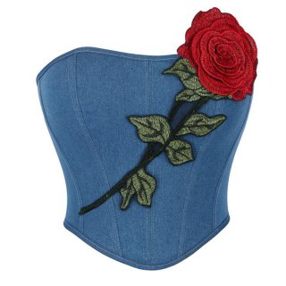 Women's Vintage Blue Denim Rosette Bandeau Corset N23637