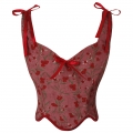 V-neck Corduroy Small Floral Print Bow Petal Hem Fishbone Strap Short Corset Vest N23622