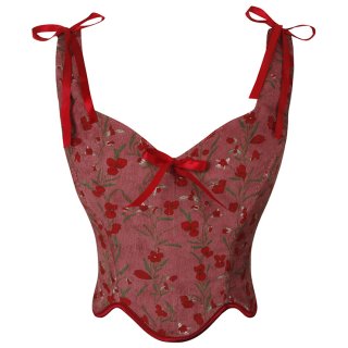V-neck Corduroy Small Floral Print Bow Petal Hem Fishbone Strap Short Corset Vest N23622
