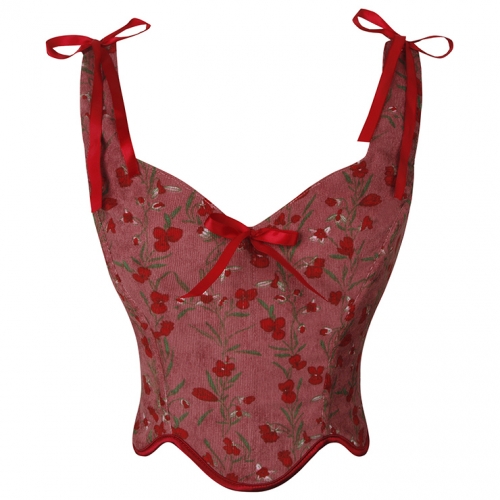 V-neck Corduroy Small Floral Print Bow Petal Hem Fishbone Strap Short Corset Vest N23622