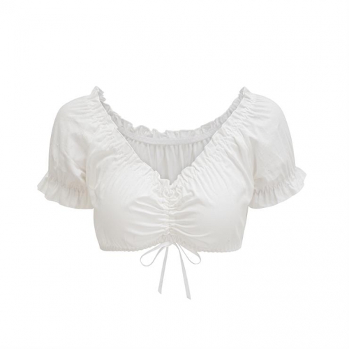 Sexy women's European and American lace-up short crop tops slimming one-line collar beer wear short-sleeved tops N23609