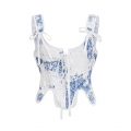 Retro Blue And White Porcelain Back Wtrap Bra Top With Navel-Baring Crop Top N23592