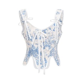 Retro Blue And White Porcelain Back Wtrap Bra Top With Navel-Baring Crop Top N23591