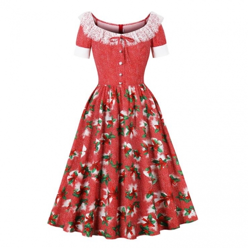 Christmas Waist-Cinching Floral Splicing Round Neck Short-Sleeved Retro Dress N23584