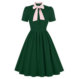 Vintage Tie Collar Front Button Short Sleeve Solid Color High Waist Cocktail Party Midi Dress N23559