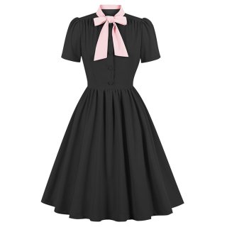 Vintage Tie Collar Front Button Short Sleeve Solid Color High Waist Cocktail Party Midi Dress N23558