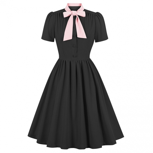 Vintage Tie Collar Front Button Short Sleeve Solid Color High Waist Cocktail Party Midi Dress N23558 Vintage Tie Collar Front Button Short Sleeve Solid Color High Waist Cocktail Party Midi Dress N23558