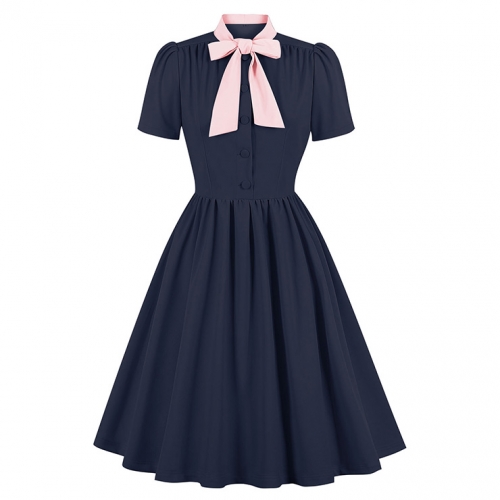 Vintage Tie Collar Front Button Short Sleeve Solid Color High Waist Cocktail Party Midi Dress N23557 Vintage Tie Collar Front Button Short Sleeve Solid Color High Waist Cocktail Party Midi Dress N23557
