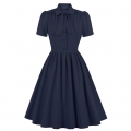 Vintage Tie Collar Front Button Short Sleeve Solid Color High Waist Cocktail Party Midi Dress N23556