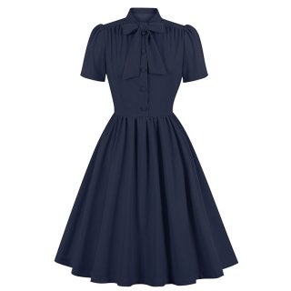 Vintage Tie Collar Front Button Short Sleeve Solid Color High Waist Cocktail Party Midi Dress N23556