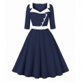 Women's OL Professional Temperament Suit Collar Splicing Three-Quarter Sleeve Waist Slimming Big Swing Dress N23555