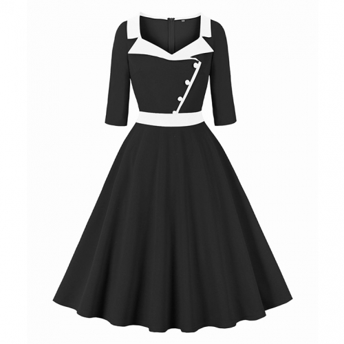 Women's OL Professional Temperament Suit Collar Splicing Three-Quarter Sleeve Waist Slimming Big Swing Dress N23554