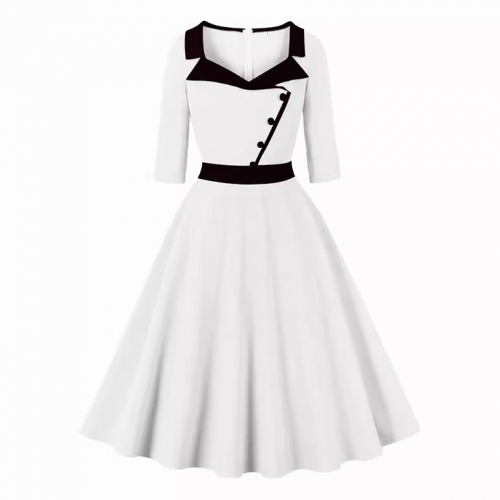 Women's OL Professional Temperament Suit Collar Splicing Three-Quarter Sleeve Waist Slimming Big Swing Dress N23553