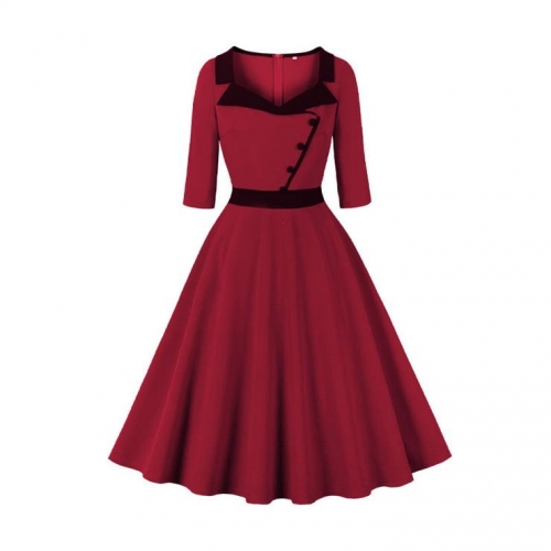 Women's OL Professional Temperament Suit Collar Splicing Three-Quarter Sleeve Waist Slimming Big Swing Dress N23552